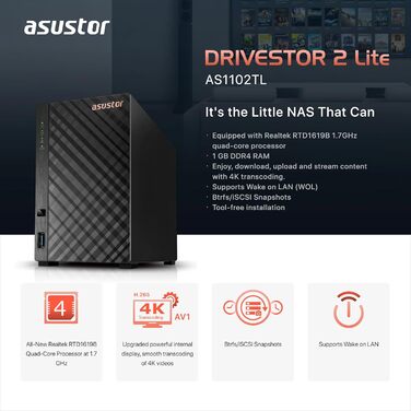 Asustor Drivestor 2 Lite AS1102TL: 2-байовий NAS корпус для мережевого зберігання даних, 1.7GHz Quad Core, 1GbE, 1GB DDR4 RAM