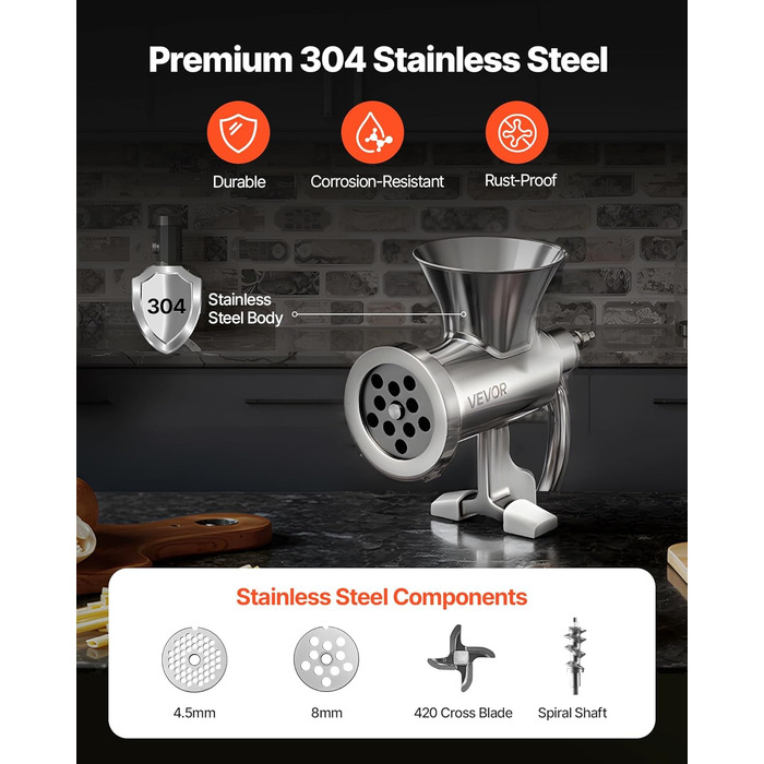 М'ясорубка ручна VEVOR з нержавіючої сталі 304, з насадкою для ковбас, кріпленням до столу та 2 дисками (4.5/8 мм) + 4 насадки для ковбас