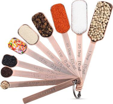 Smithcraft Measuring Cup and Spoon Set, Copper Measuring Cups and Spoons for Dry and Liquid Ingredients, Metric and US Units, 7 Stainless Steel Measuring Cups & 9 Spoons, Leveler and Measurement Equivalents