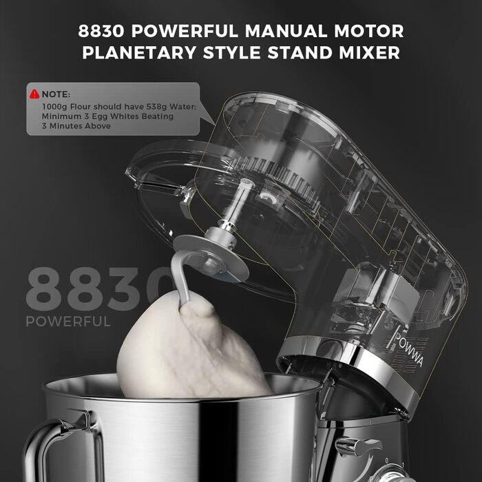 Кухонна машина POWWA 6.2L: міксер, тістоміс, 6+1 швидкість, 1500W, з набором насадок (чорний)