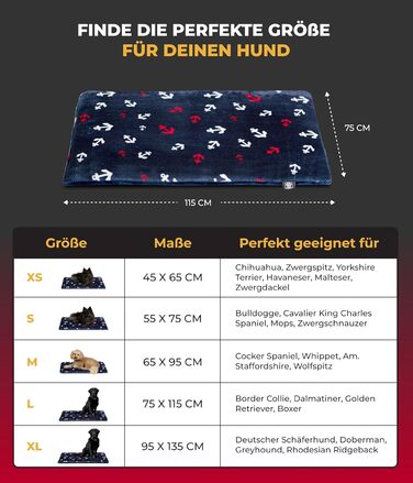 Підстилка для собак XS (45x65 см) – двостороння, м'яка, з наповнювачем 3 см – для дивану, авто, переноски – Made in Germany (75 x 115 см, Колір: Анкер-Блакитний)