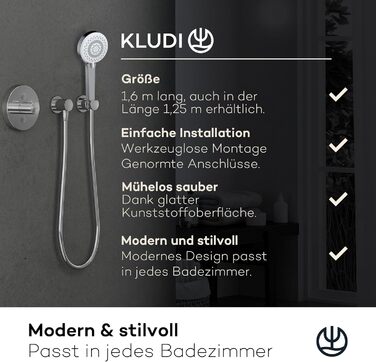 KLUDI-X1 Universal Shower Head with Hose, optional shower spray, water-saving with 3 spray patterns (Body, Hair, Skin), easy-to-clean shower head Ø 10.7 cm, shower hose 1.60 m
