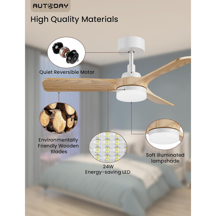 Стеляний вентилятор Holz з підсвіткою, тихий DC-двигун, 90 см, для вулиці, 3 дерев'яних лопаті, диммування LED 24W, пульт з пам'яттю, 6 швидкостей, таймер (світла текстура дерева, 75 см)