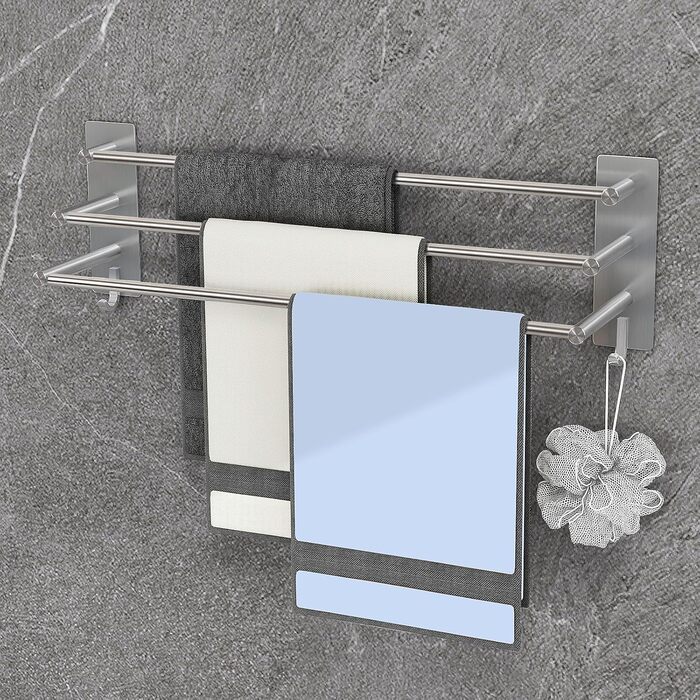 Тримач для рушників Vista з 3-ма перекладинами без свердління, нержавіюча сталь SUS304, сріблястий, з двома гачками, 60 см