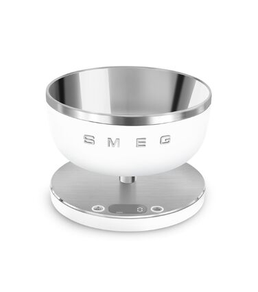 Кухонні електронні ваги Smeg KSC01BLMWW з чашею з нержавіючої сталі, функцією тари, 4 одиниці вимірювання, до 5 кг, білі