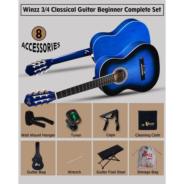 Кітара класична Winzz 4/4 для дорослих та дітей (від 11 років), чорний глянцевий, набір для початківців, 39 дюймів, блакитний (3/4)