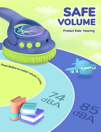 iClever Бездротові навушники для дітей з LED-підсвіткою, обмеження гучності 74/85 дБ, 43 години роботи, стерео звук, Type-C, AUX-кабель, Bluetooth 5.3, для планшетів/подорожей (зелено-блакитний)