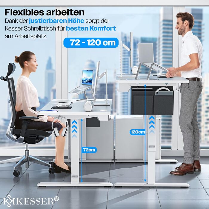 Електричний регульований стіл KESSER 160x70 см з USB, пам'яттю, роликами, для дому та офісу