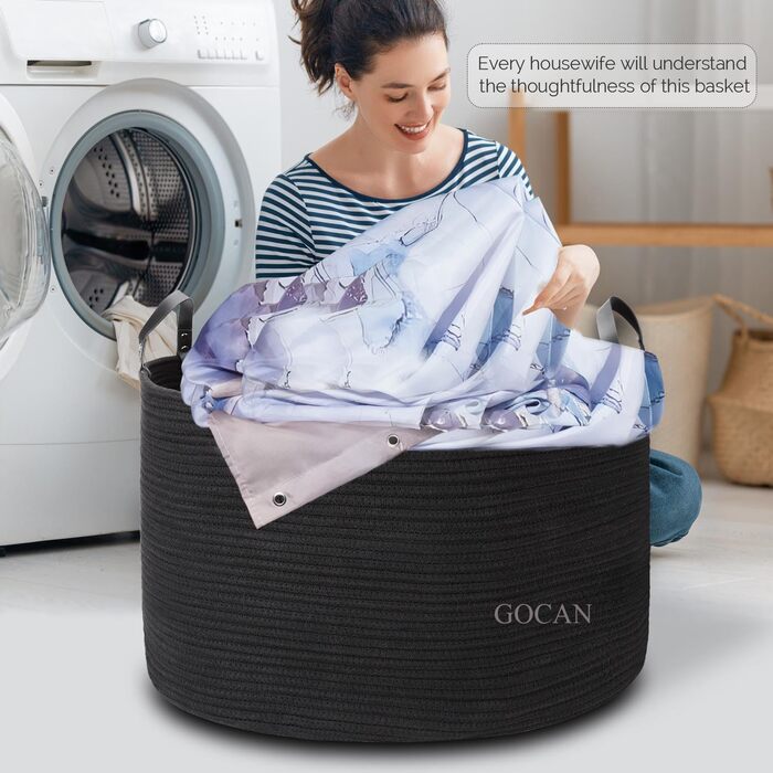 Великий кошик для зберігання GOCAN XXXL з бавовняного каната, чорний, для білизни, іграшок та одягу, D55xH35 см