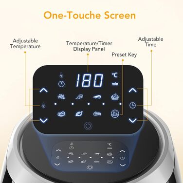 Hot Air Fryer, XXL Hot Air Fryer Oil-Free 8L 1800W, Air Fryer with Recipe Book in German, 8 Programs, Adjustable Temperature Control Acekool Gray