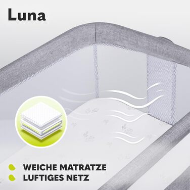 Lionelo Luna Portable Crib with Mattress, Travel Bed, from Newborn to 9 kg, Adjustable in Height and Tilt, 4 Wheels with Brakes, Attachment for Parent's Bed (Gray)