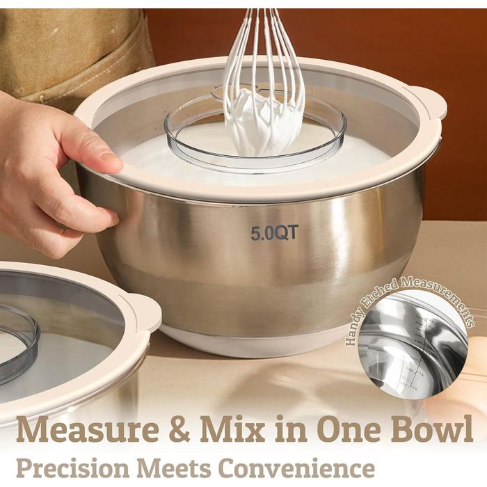 Набір мисок Deedro з прозорим кришкою (5 шт.) - 4.7L, 2.8L, 1.9L, 1.4L, 0.63L. Миски для салатів, приготування їжі, з нержавіючої сталі, бежеві. Нековзкі, стікні, миються в посудомийній машині, з терткою.