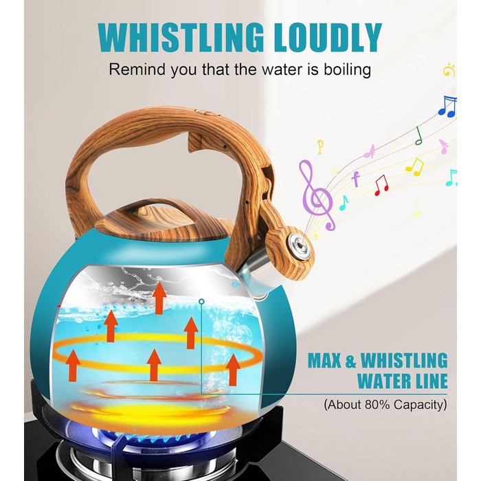 Чайник-свисток Foedo 3.2 л з нержавіючої сталі з дерев'яною текстурою, 3.2 л, для чаю, кави та молока, класичний дизайн, червоний (градієнт темно-зеленого кольору)