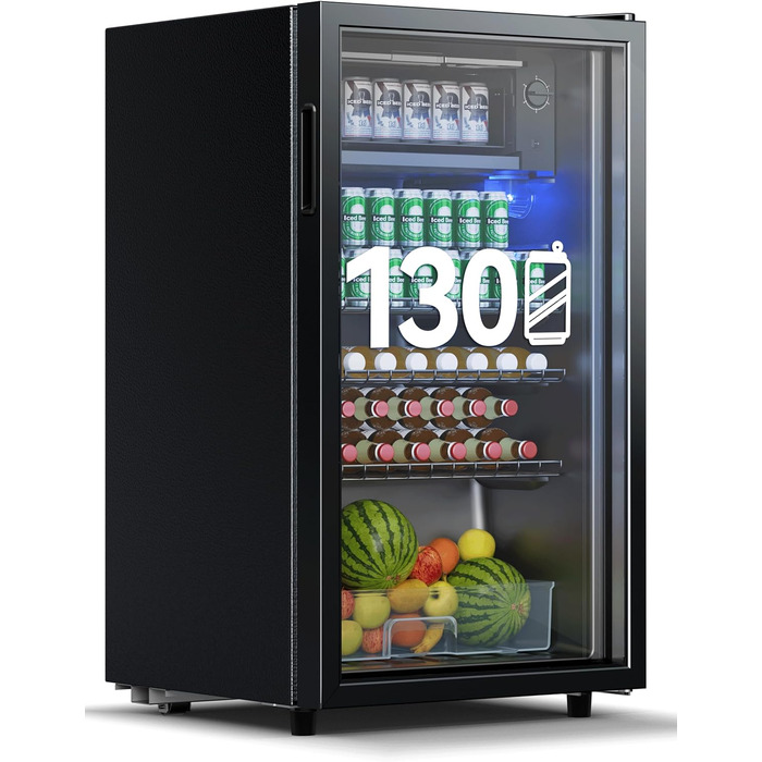 Холодильник для напоїв Devoko 93L з скляними дверцятами та LED-підсвіткою. Регульовані полиці для колі, пива та вина. Чорний колір, ідеально для дому та офісу.