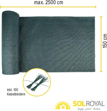 Sol Royal Shade Net 25m x 1.5m Shading Fabric 165g/m² – Dense sun protection with UV protection & cable ties for easy attachment – HDPE privacy screen green for greenhouse & fence SG80