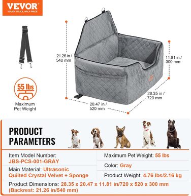 Автокрісло для собак VEVOR, підвищення для собак у машину з кишеню для зберігання, автокрісло для домашніх тварин з прикріпленою страхувальною лінією, губчаста подушка, автоліжко для собак середніх та великих порід до 25 кг (Сірий, Large)