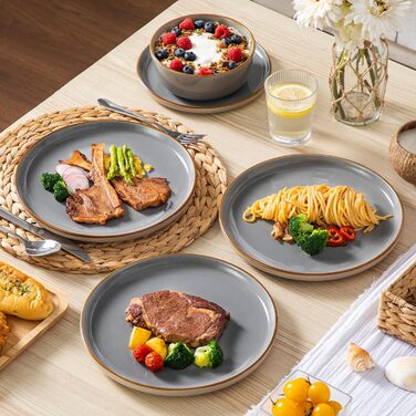 Набір посуду на 6 осіб Vancasso RENO 24 шт. з каменю, сучасний сервіз: обідні, супові, десертні тарілки, миски. Можна мити в посудомийній машині та використовувати в мікрохвильовці, сірий колір.