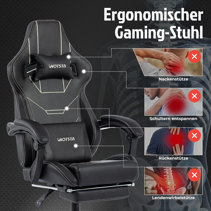 Геймерське крісло Ergon Gaming з підставкою для ніг, чорне - Офісне крісло для комп'ютера з регулюванням висоти та підтримкою попереку