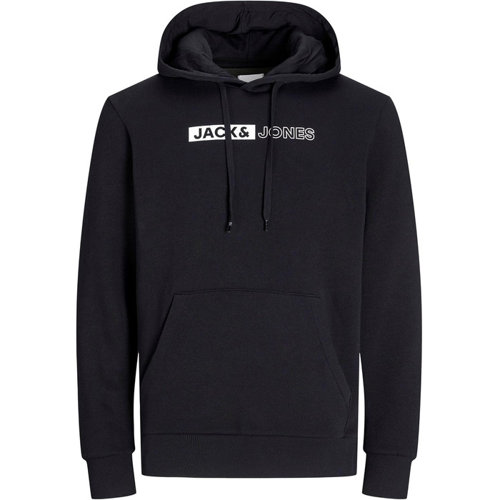 Чоловічий теплий худі з принтом JACK & JONES JJEOGO Basic — чорний, великий розмір (8XL), регулярний крій