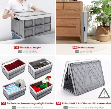 Yorbay 2-Piece Set 55L Professional Folding Box Transport Box with Lid, Foldable Storage Box with Handle, Stackable Boxes Storage Box Folding Boxes Stackable Boxes for Storage and Transport, PP, Grey (55L)