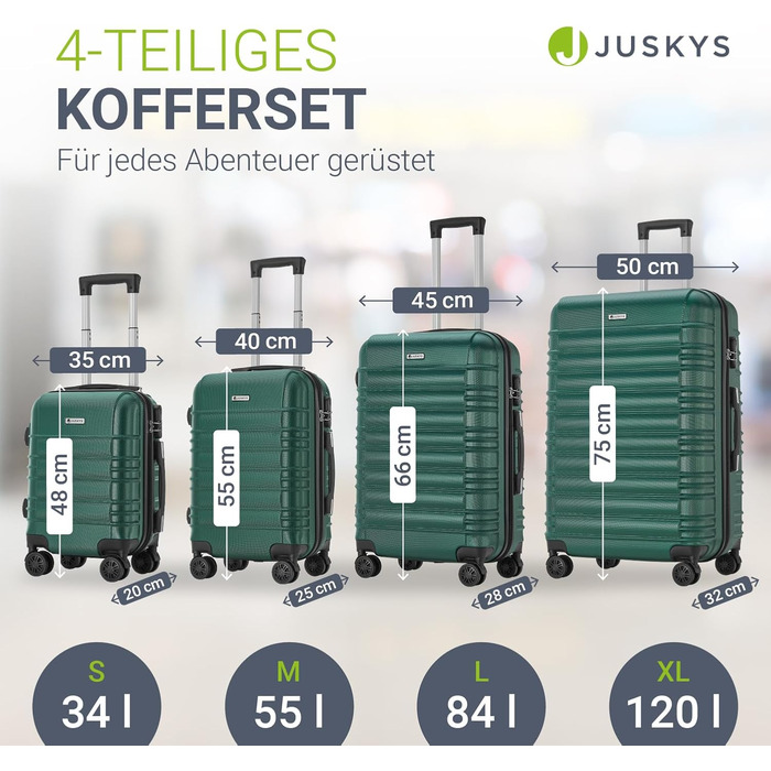 Набір валіз Juskys® з жорстким корпусом (4 шт.) - з кодовим замком, тихими 360° колесами, телескопічною ручкою, легкий, зелений