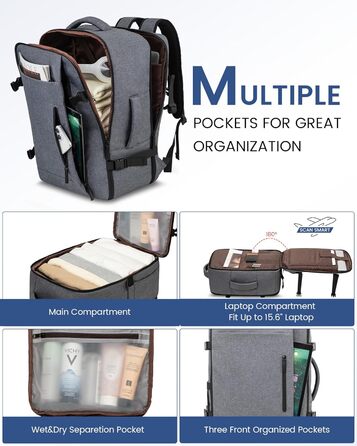 Рюкзак LOVEVOOK для ручної поклажі 45x36x20 см, 30L, сірий - для ноутбука 15.6