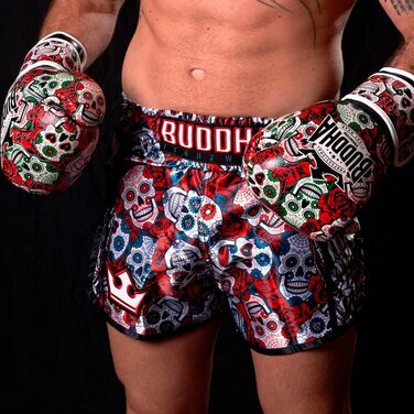 BUDDHA FIGHT WEAR Luzbel Boxing Gloves - Muay Thai & Kickboxing - Red 12oz Leather Interior - Reinforced Stitching - Multiple Designs