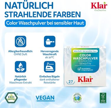 Пральний порошок для кольорових речей Klar EcoSensitive SENSITIV, гіпоалергенний, без ароматизаторів, 4.75 кг (набір 2 шт по 2.375 кг)