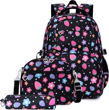 Шкільний рюкзак для дівчинки-підлітка вінтажний, набір. Квітковий дизайн, рюкзак для ноутбука, шкільні сумки для жінок. Підходить для школи, подорожей. У комплекті: ланч-бокс та пенал. Колір: полуниця, чорний