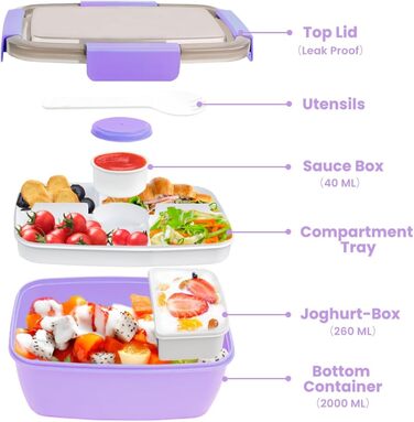 Ланчбокс Bugucat 2000 мл, непромокаючий, з відділеннями, для дітей та дорослих, салатовий контейнер, з виделкою, для школи, пікніка, чорний (2000 мл - фіолетовий)