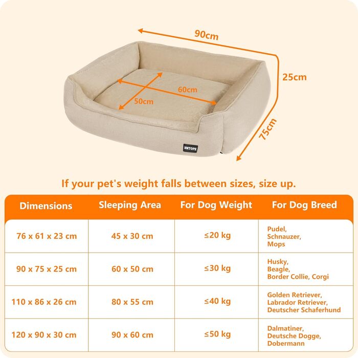 Ліжко для собак, собаче ліжко, подушка для собак, корзина для собак. Знімне та пральне, бежеве, 90 x 75 x 25 см