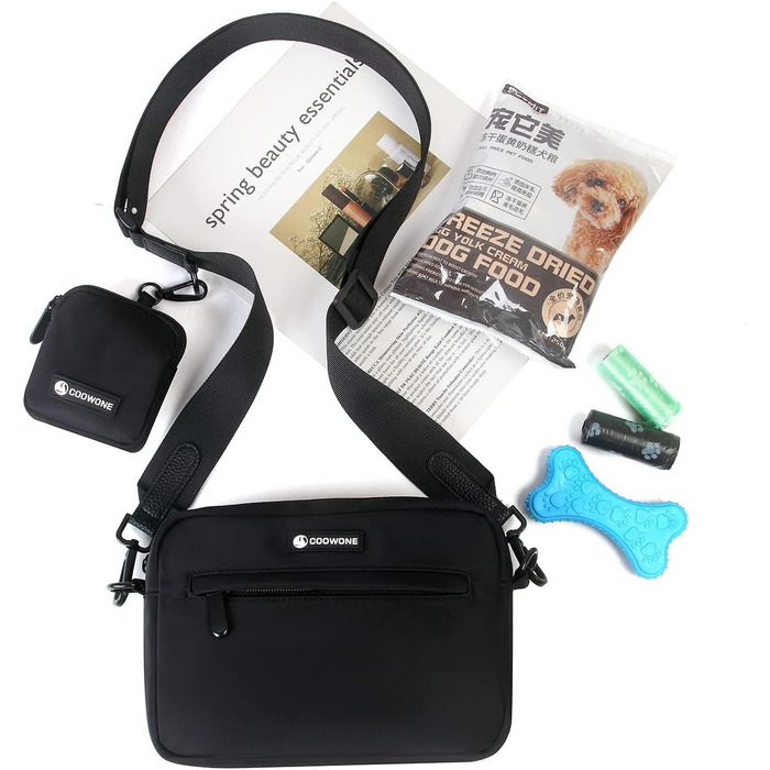 Сумка для ласощів для собак COOWONE, водонепроникна, з інтегрованим диспенсером для відходів, регульована через плече (Чорна)