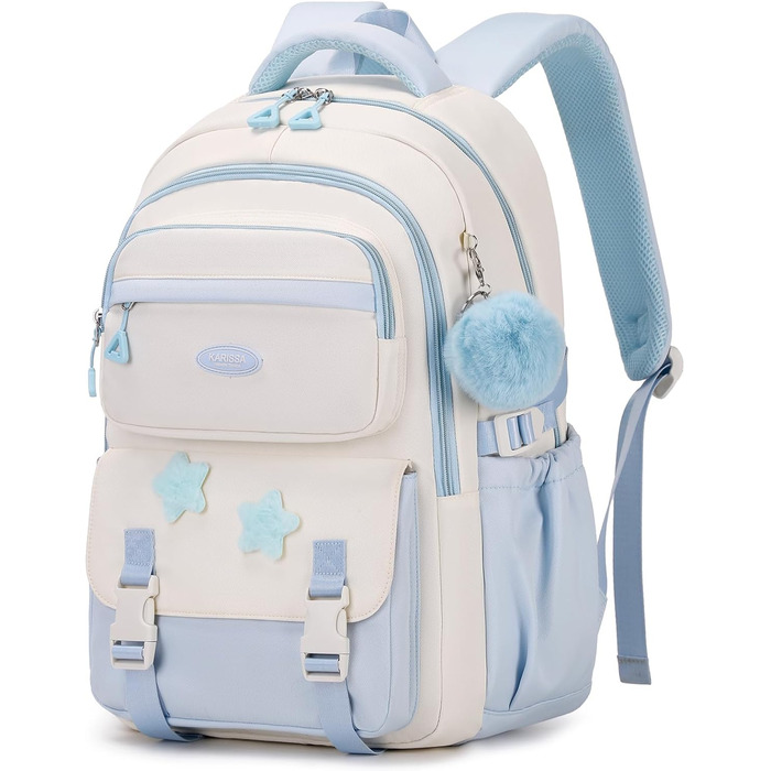 Дитячий рюкзак для школи 3-5 клас, великий рюкзак з помпоном та зірочками, легкий рюкзак-тележка для підлітків, блакитний