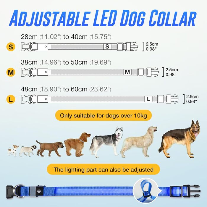 Світлодіодне нашийник для собак Jewyow 7-в-1, багатоквітний, USB-C, водонепроникний, для малих, середніх та великих собак - Синій, M
