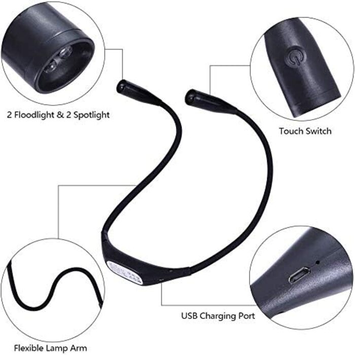 LED ліхтарик на шию, акумуляторний, для читання, в ліжко, 4 світлодіоди, 3 режими яскравості, для рукоділля, кемпінгу, ремонту 27 см