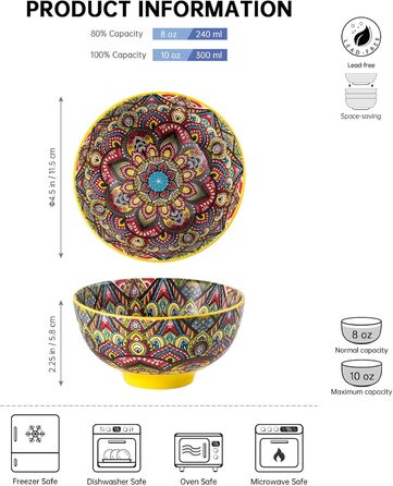 Набір супових тарілок Henten Home, 4 шт., 300 мл, порцеляна. Ідеально для супу, десерту, морозива. Стиль Богемія