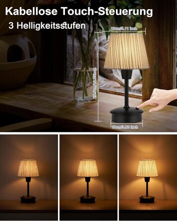 Акумуляторна настільна лампа: портативна, бездротова з димером, для дому та саду, з абажуром з льону, антична металева біла, з смугастим абажуром (чорно-білий)