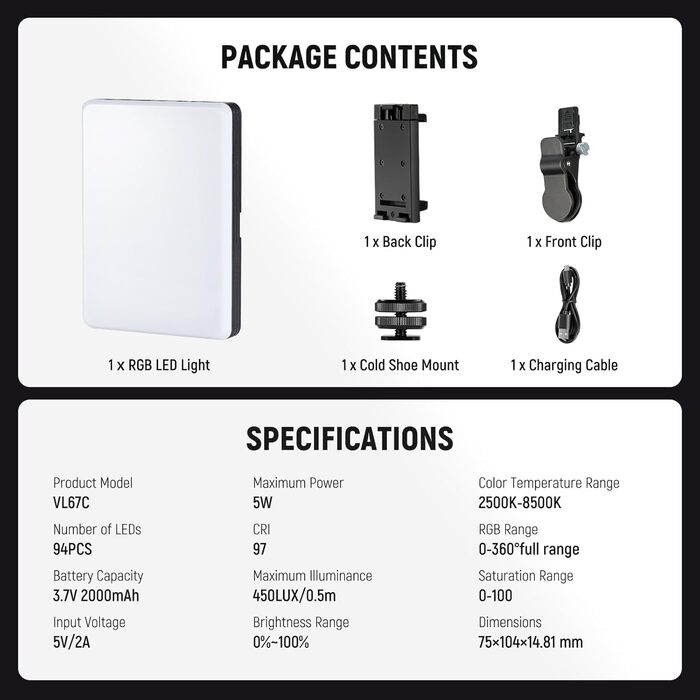 LED світло для селфі NEEWER Entry Level: clip-on, 54 LED, CRI 88, 650mAh, для iPhone, комп'ютера, вебкамери, Zoom, макіяжу