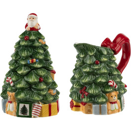Spode Sugar and Creamer Set with Christmas Tree, Figurine Tree, 209 ml creamer and 150 ml sugar bowl with lid, festive tea and coffee set, dishwasher safe, ceramic tableware.