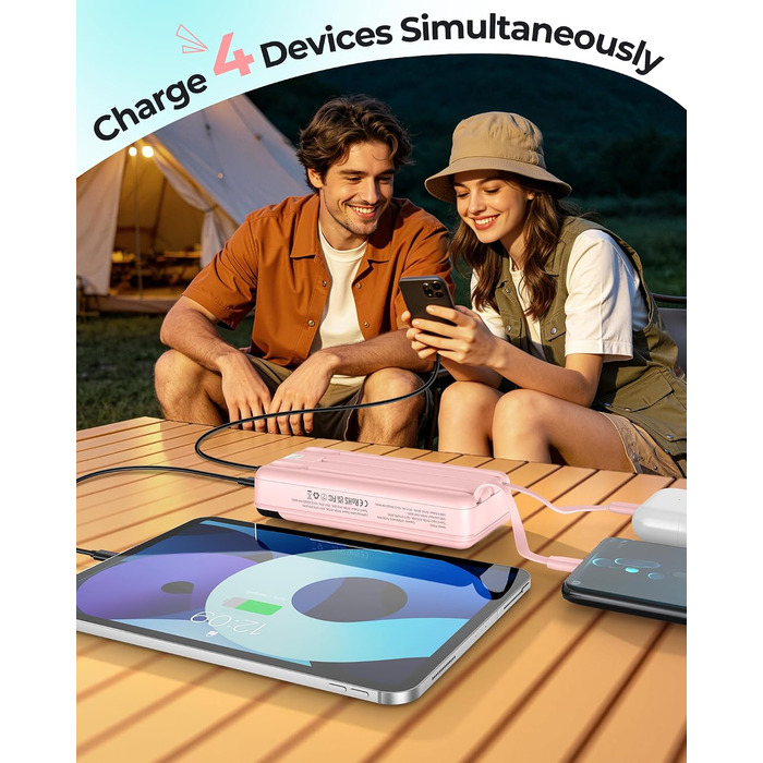 Power Bank Enerwow 27000mAh з USB-C кабелем, 4 порти, LED дисплей - Зовнішній акумулятор для iPhone та інших пристроїв (Рожевий, P300C)
