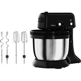 Кухонна машина Tefal QB1108 Oh My Cake, 300 Вт, 4 л, 5 швидкостей, нержавіюча чаша, супутникове змішування, 2 вінчики, 2 гачки, чорна