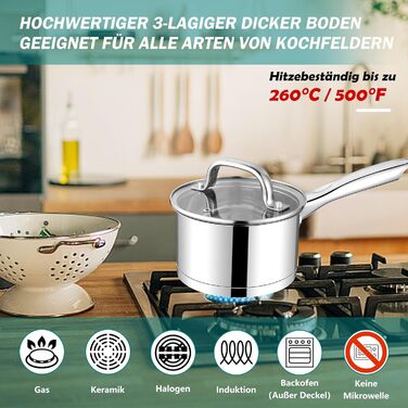 Каструля Homikit 18 см, 2.8 л, нержавіюча сталь з кришкою, для плити (індукція)