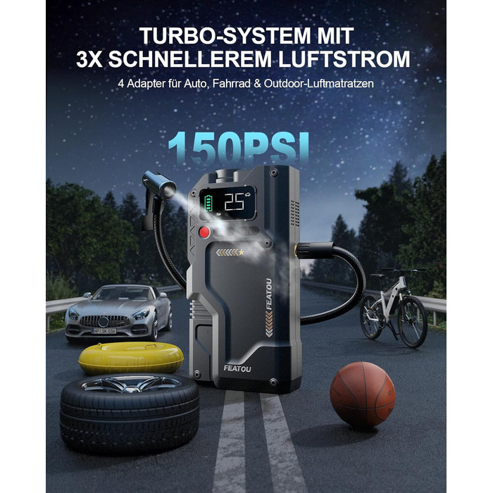 Powerbank для автомобіля Starthilfe з компресором 150PSI, 6000A, 12V, для бензинових та дизельних авто (до 10л), QC3.0, LCD, ліхтарик