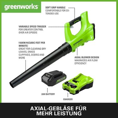 Greenworks G24ABK2 Axial Cordless Leaf Blower, 156 km/h, 4.27 m³/min, 24V 2Ah Battery & Charger, 3-Year Warranty