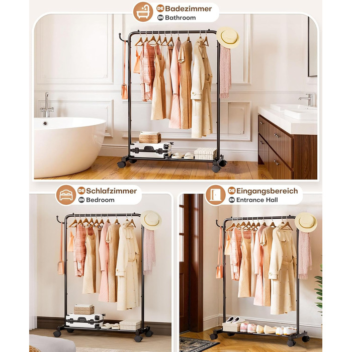 Міцний вішак для одягу на колесах Yorbay: металева стійка з полицею для багажу. Компактна вішалка для одягу в спальню, пральню, магазин (81 см). Чорний колір, 81 см