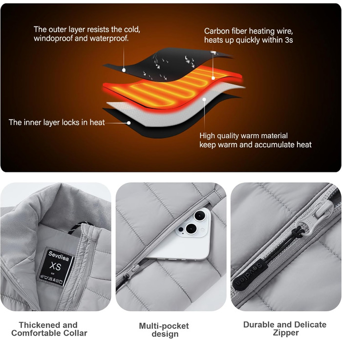 Електрична гріюча жилетка Daen з Powerbank 16000mAh 7.4V, сіра (S), для їзди на велосипеді та outdoor-роботи