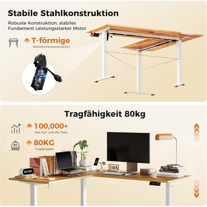 Електричний кутовий стіл Agilestic з регулюванням висоти, 160 x 140 см, світло-коричневий