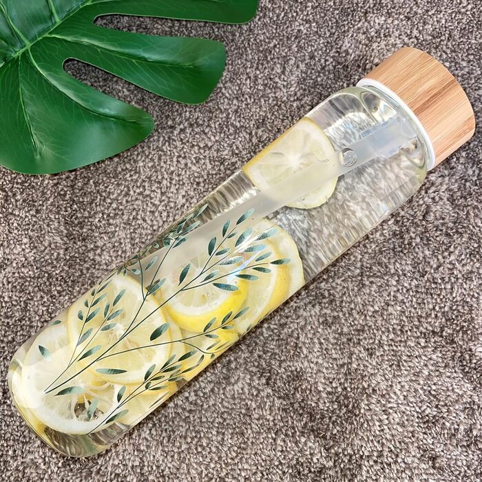 Glass Water Bottle 1L - Glass Water Bottle with Bamboo Lid 1 Liter (Green Leaves 1liter, 1000ml)