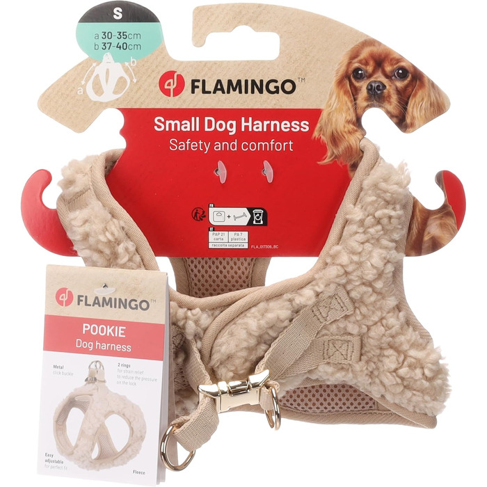 Нашийник для собак Flamingo Step&Go Pookie – Бежевий – Розмір S (A: 30–35см, B: 37–40см, 5мм) – М'який флісовий нашийник з клямками та золотистими деталями