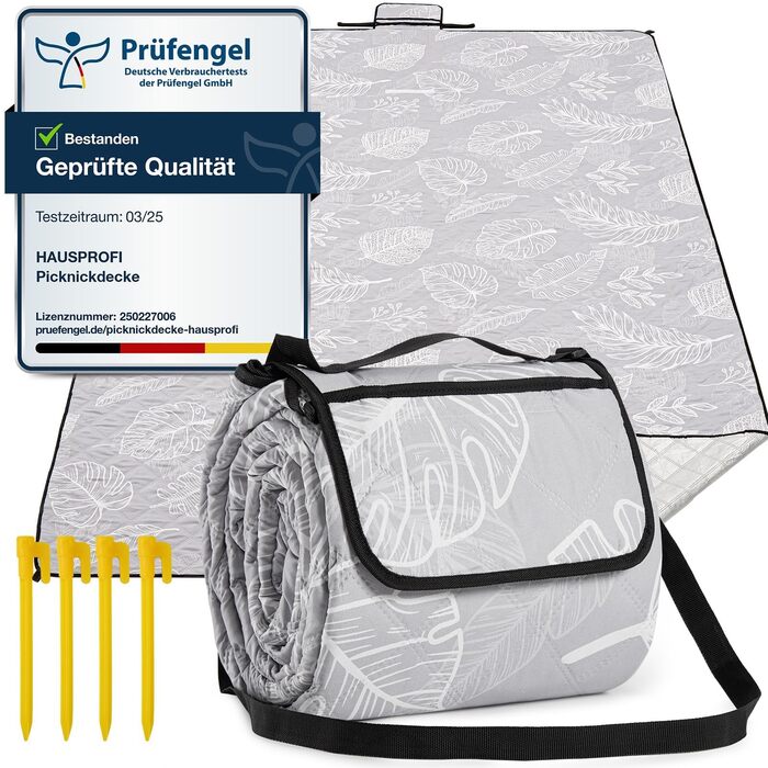 Плед для пікніка HAUSPROFI 200x300 см, водонепроникний, ізольований, XXL. Для пікніка, пляжу, кемпінгу. З бавовняним наповнювачем, ручкою для перенесення та кілочками. З миючим та стійким до деформації дизайном (листя)